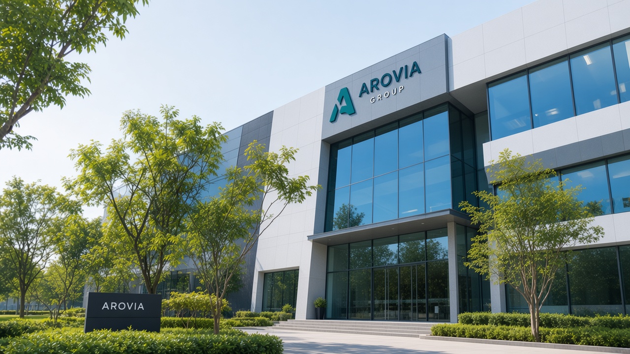 Modern glass building with Arovia signage and landscaped grounds