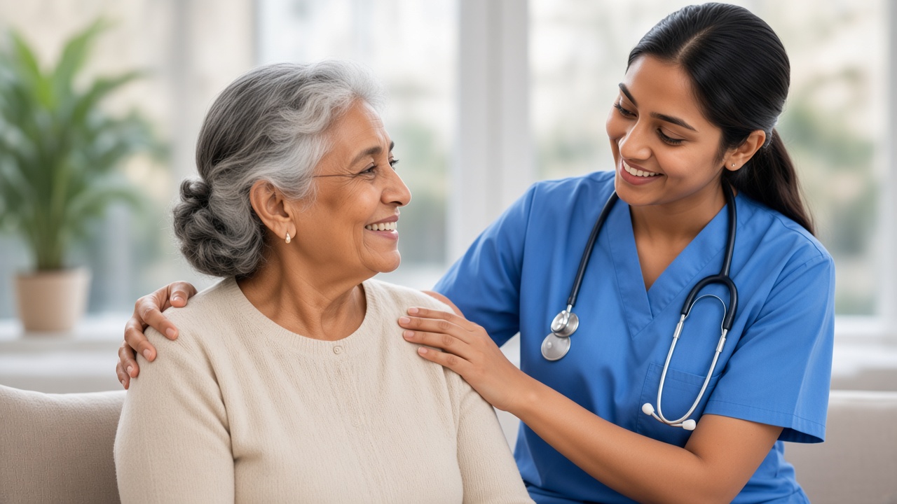 A nurse in blue scrubs smiling with an elderly patient