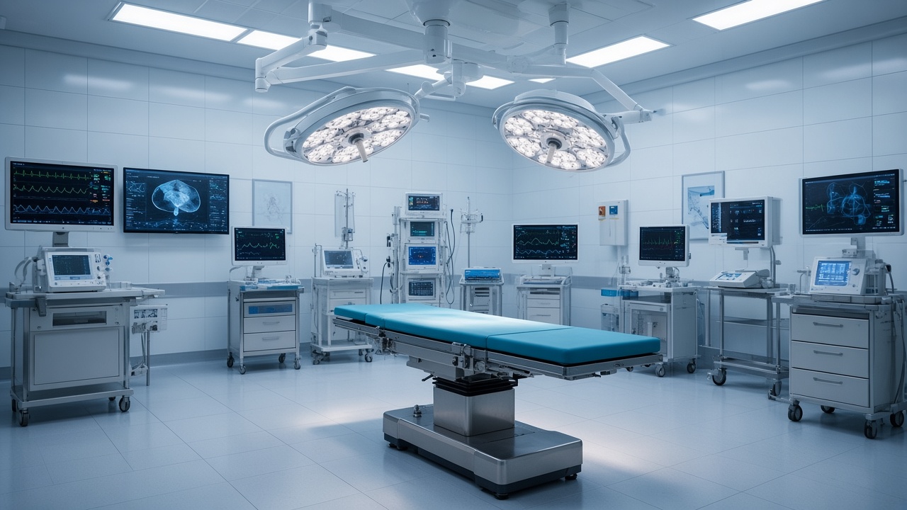 A modern operating room with surgical lights and medical monitors