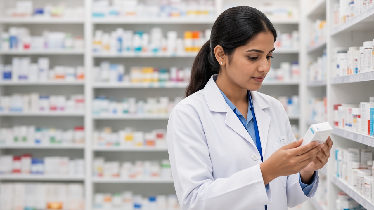 A pharmacist reviewing a medicine package in a pharmacy aisle